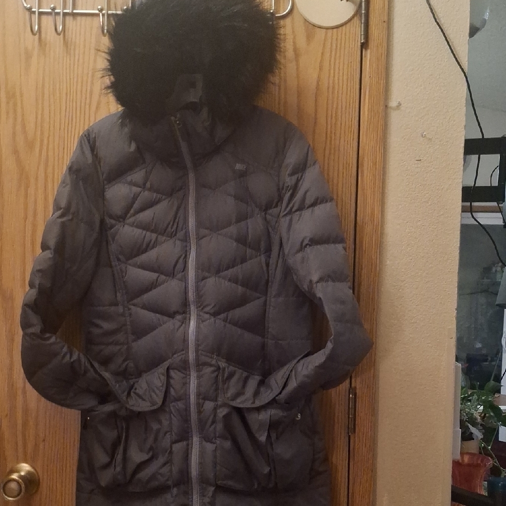 Nike Dark Gray Puffer Jacket with Black Faux Fur Hood